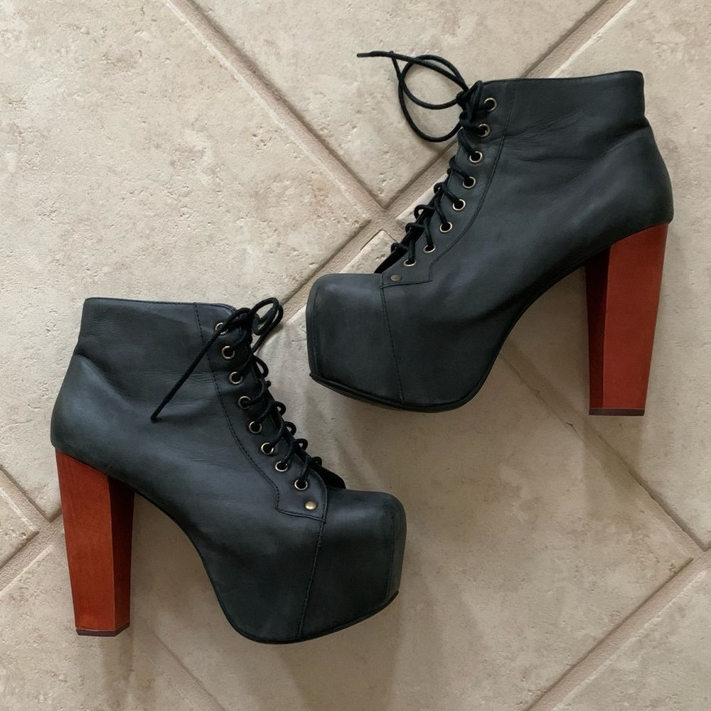 Worn Once! Jeffrey Campbell Lita Black Platform Lace-up Boots Size 7.5M